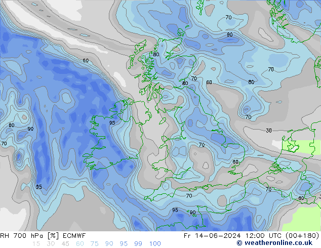 Humidité rel. 700 hPa ECMWF ven 14.06.2024 12 UTC