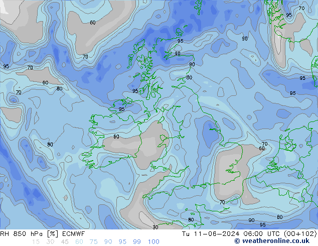 RH 850 hPa ECMWF Tu 11.06.2024 06 UTC