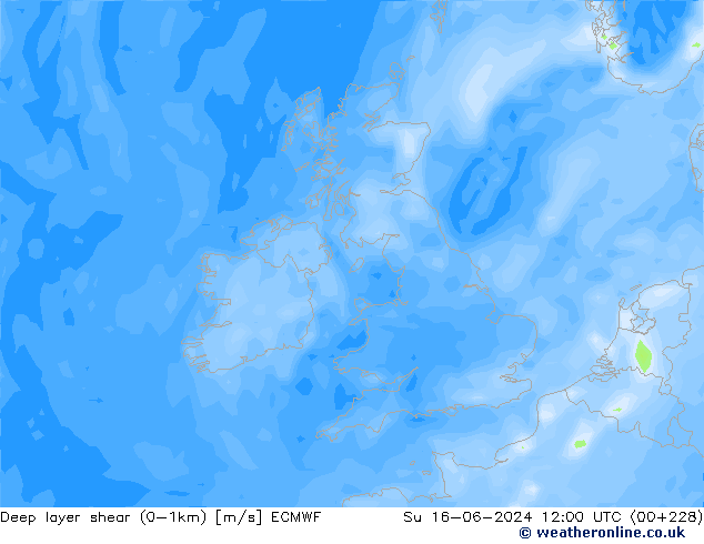 Deep layer shear (0-1km) ECMWF Su 16.06.2024 12 UTC