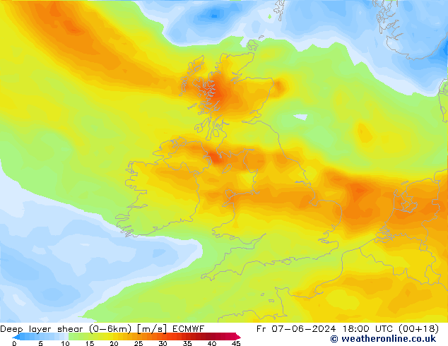 Deep layer shear (0-6km) ECMWF Fr 07.06.2024 18 UTC