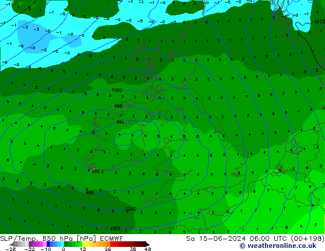 SLP/Temp. 850 hPa ECMWF Sa 15.06.2024 06 UTC