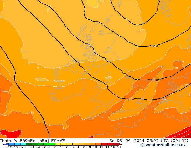 Theta-W 850hPa ECMWF sáb 08.06.2024 06 UTC