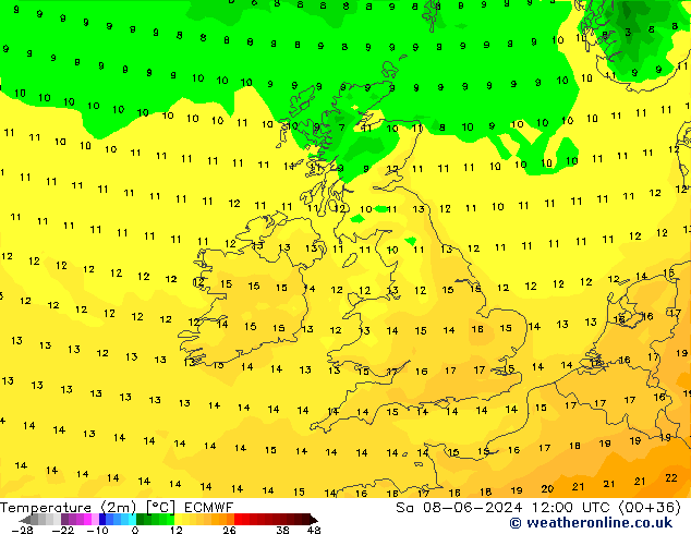 Temperature (2m) ECMWF Sa 08.06.2024 12 UTC