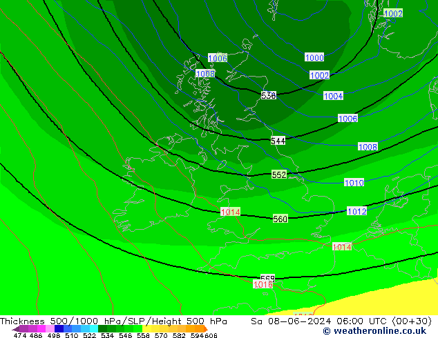 Espesor 500-1000 hPa ECMWF sáb 08.06.2024 06 UTC