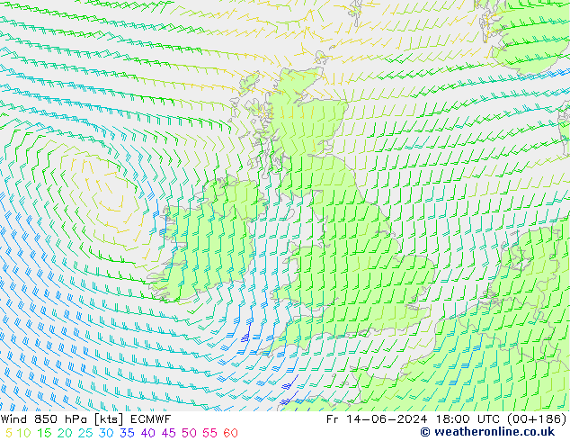 wiatr 850 hPa ECMWF pt. 14.06.2024 18 UTC