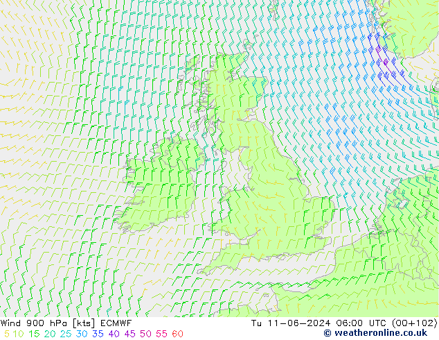 Wind 900 hPa ECMWF Tu 11.06.2024 06 UTC