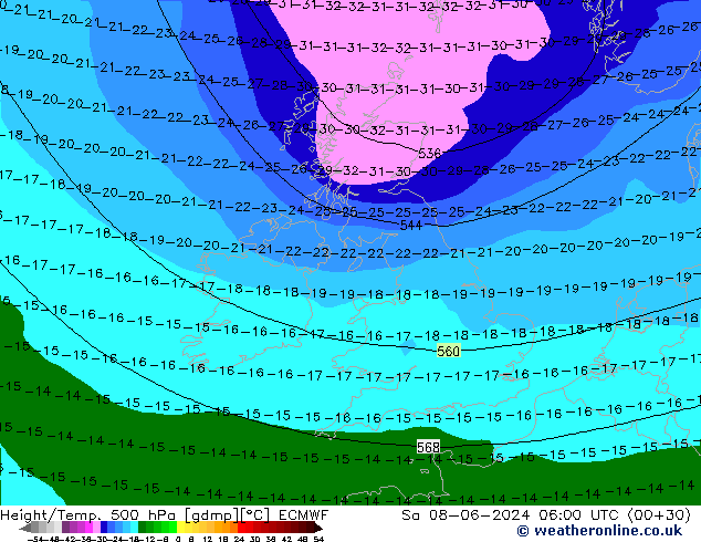 Height/Temp. 500 hPa ECMWF Sa 08.06.2024 06 UTC