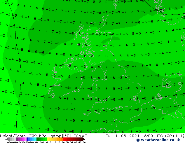 Height/Temp. 700 hPa ECMWF  11.06.2024 18 UTC