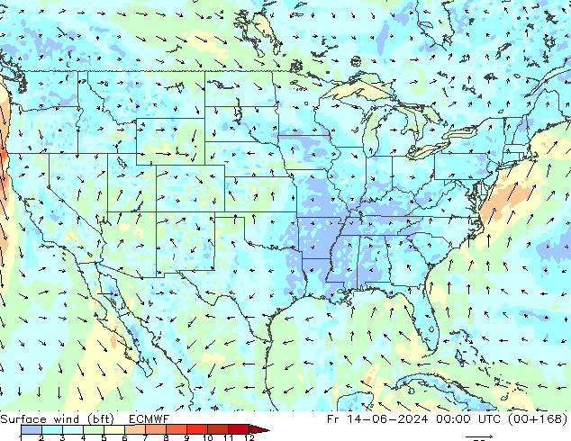 Surface wind (bft) ECMWF Fr 14.06.2024 00 UTC