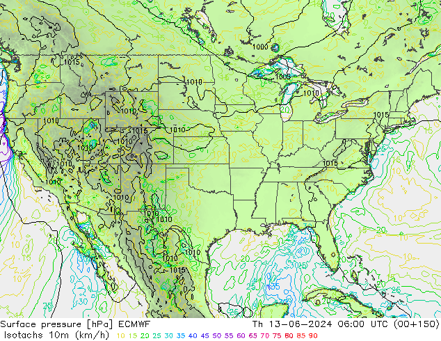 Isotachs (kph) ECMWF Qui 13.06.2024 06 UTC