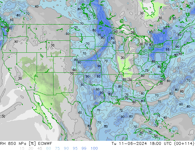 RH 850 hPa ECMWF Tu 11.06.2024 18 UTC