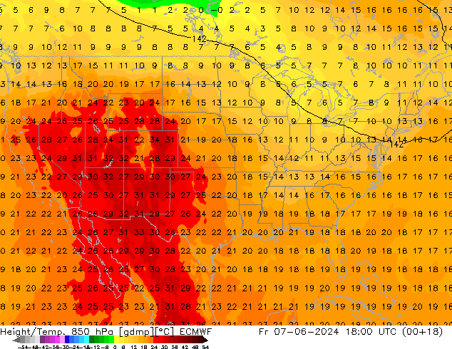 Height/Temp. 850 hPa ECMWF Pá 07.06.2024 18 UTC