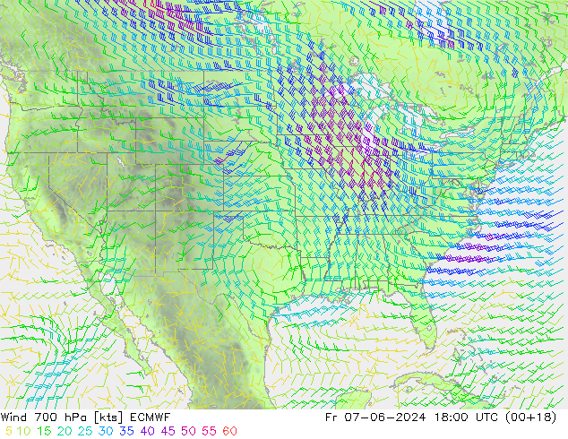 Wind 700 hPa ECMWF Fr 07.06.2024 18 UTC