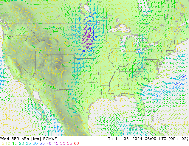 Vento 850 hPa ECMWF mar 11.06.2024 06 UTC