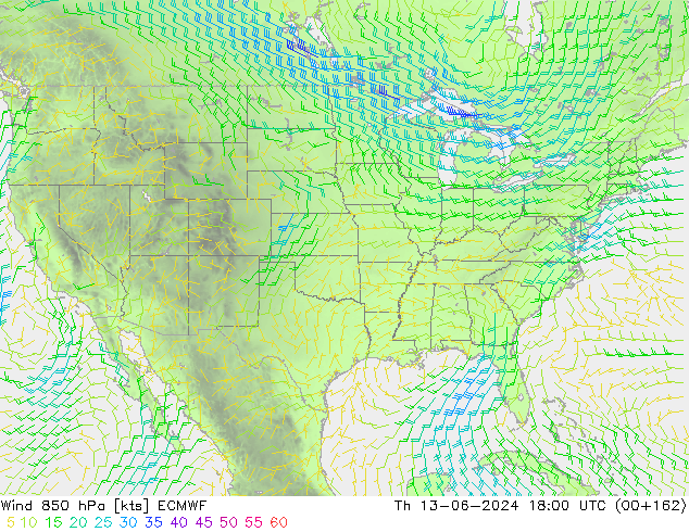 Vento 850 hPa ECMWF Qui 13.06.2024 18 UTC