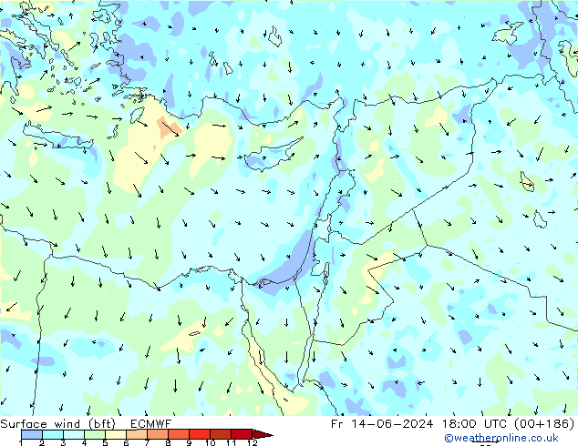 Surface wind (bft) ECMWF Fr 14.06.2024 18 UTC