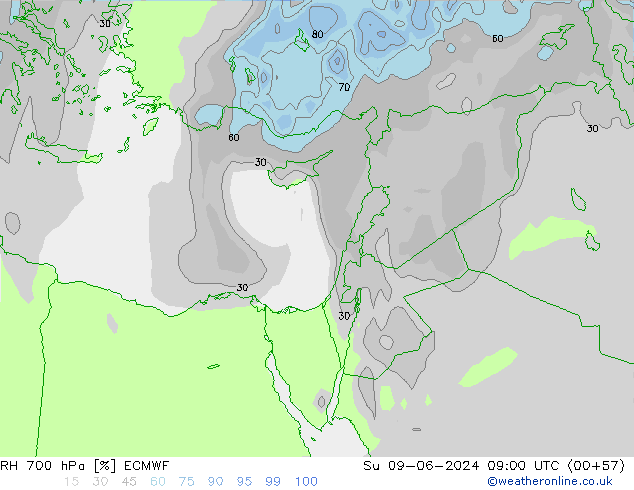 RH 700 гПа ECMWF Вс 09.06.2024 09 UTC