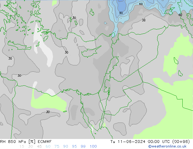 RH 850 hPa ECMWF Tu 11.06.2024 00 UTC