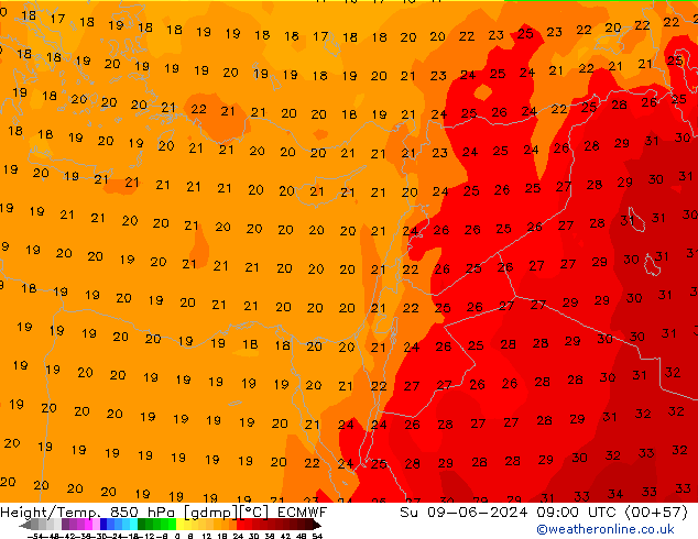 Height/Temp. 850 гПа ECMWF Вс 09.06.2024 09 UTC