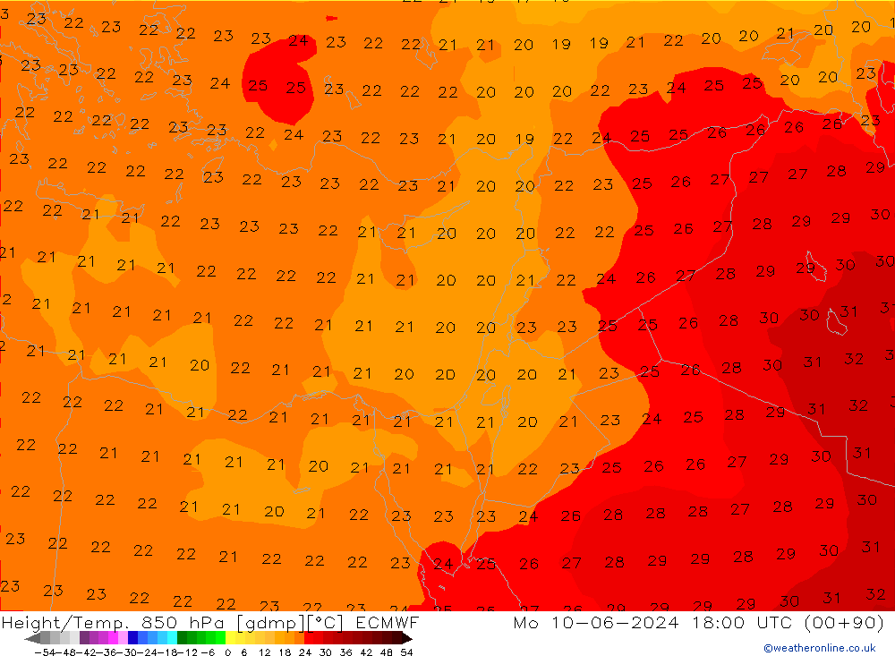 Height/Temp. 850 hPa ECMWF Mo 10.06.2024 18 UTC