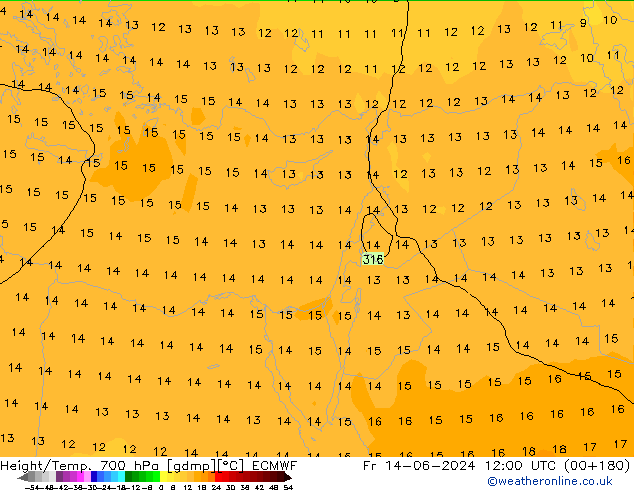 Geop./Temp. 700 hPa ECMWF vie 14.06.2024 12 UTC