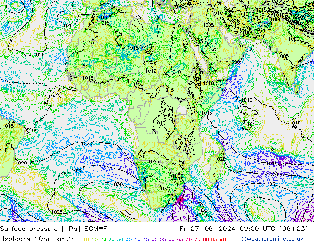 Eşrüzgar Hızları (km/sa) ECMWF Cu 07.06.2024 09 UTC