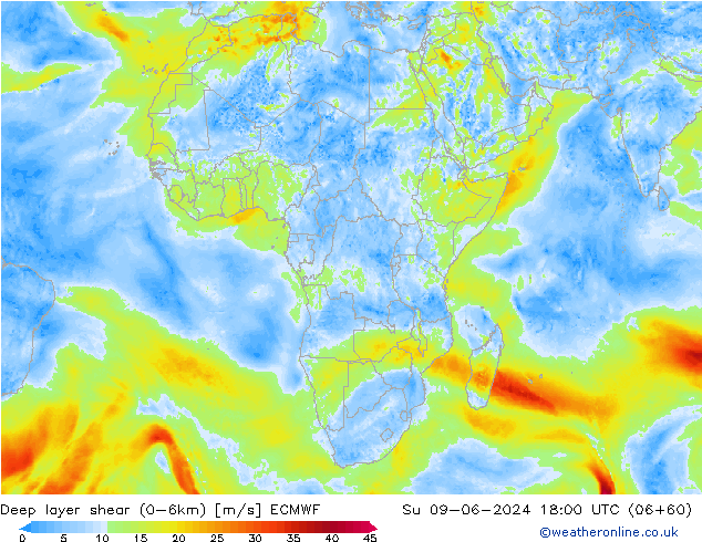 Deep layer shear (0-6km) ECMWF zo 09.06.2024 18 UTC