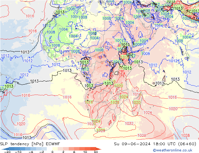 Druktendens (+/-) ECMWF zo 09.06.2024 18 UTC