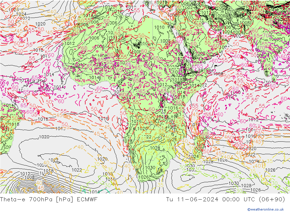 Theta-e 700hPa ECMWF Út 11.06.2024 00 UTC