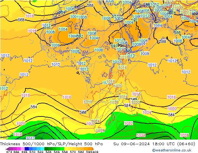 Espesor 500-1000 hPa ECMWF dom 09.06.2024 18 UTC