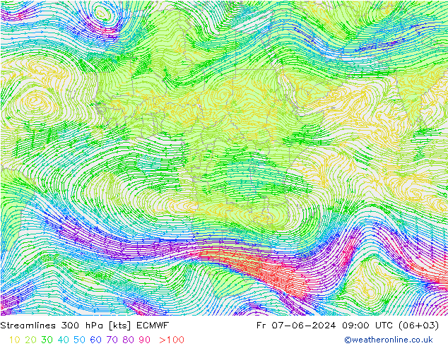 Streamlines 300 hPa ECMWF Pá 07.06.2024 09 UTC