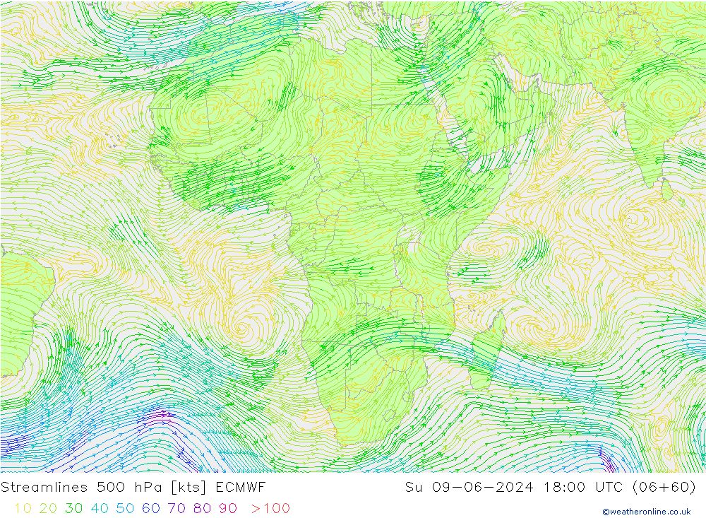 Linea di flusso 500 hPa ECMWF dom 09.06.2024 18 UTC