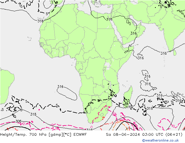 Geop./Temp. 700 hPa ECMWF sáb 08.06.2024 03 UTC