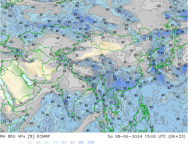 Humedad rel. 850hPa ECMWF sáb 08.06.2024 15 UTC