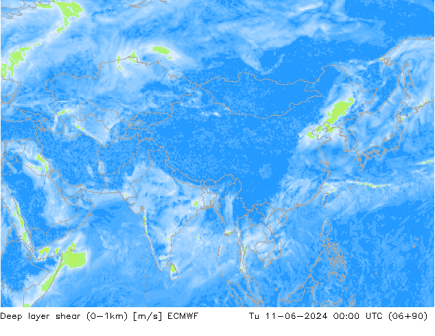 Deep layer shear (0-1km) ECMWF mar 11.06.2024 00 UTC