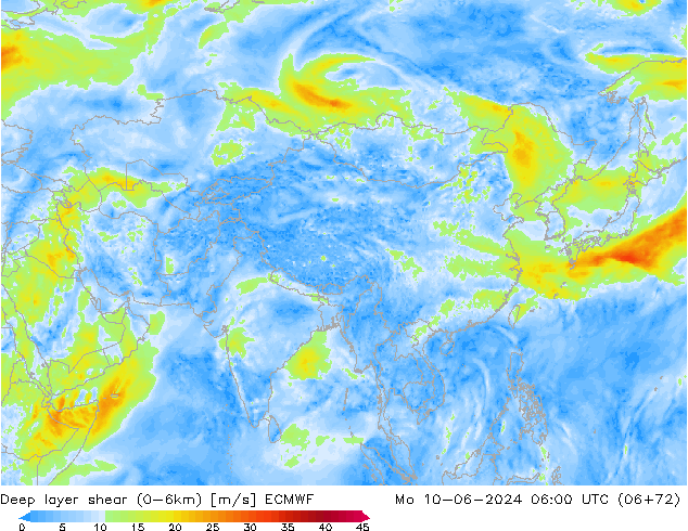 Deep layer shear (0-6km) ECMWF Mo 10.06.2024 06 UTC