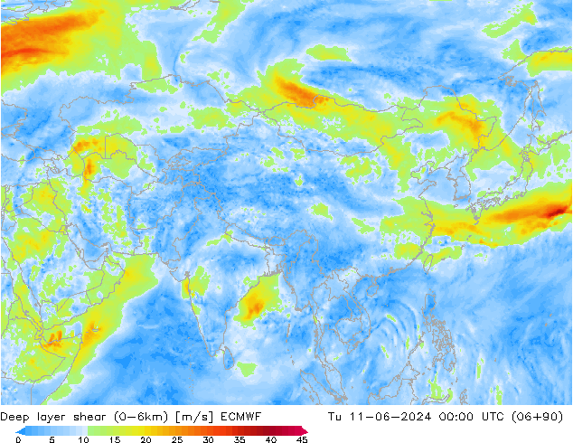 Deep layer shear (0-6km) ECMWF Ter 11.06.2024 00 UTC
