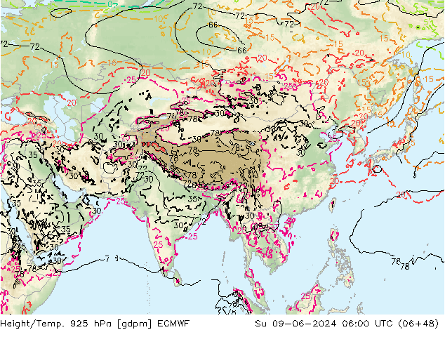 Height/Temp. 925 hPa ECMWF Su 09.06.2024 06 UTC