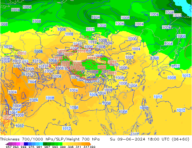 Schichtdicke 700-1000 hPa ECMWF So 09.06.2024 18 UTC