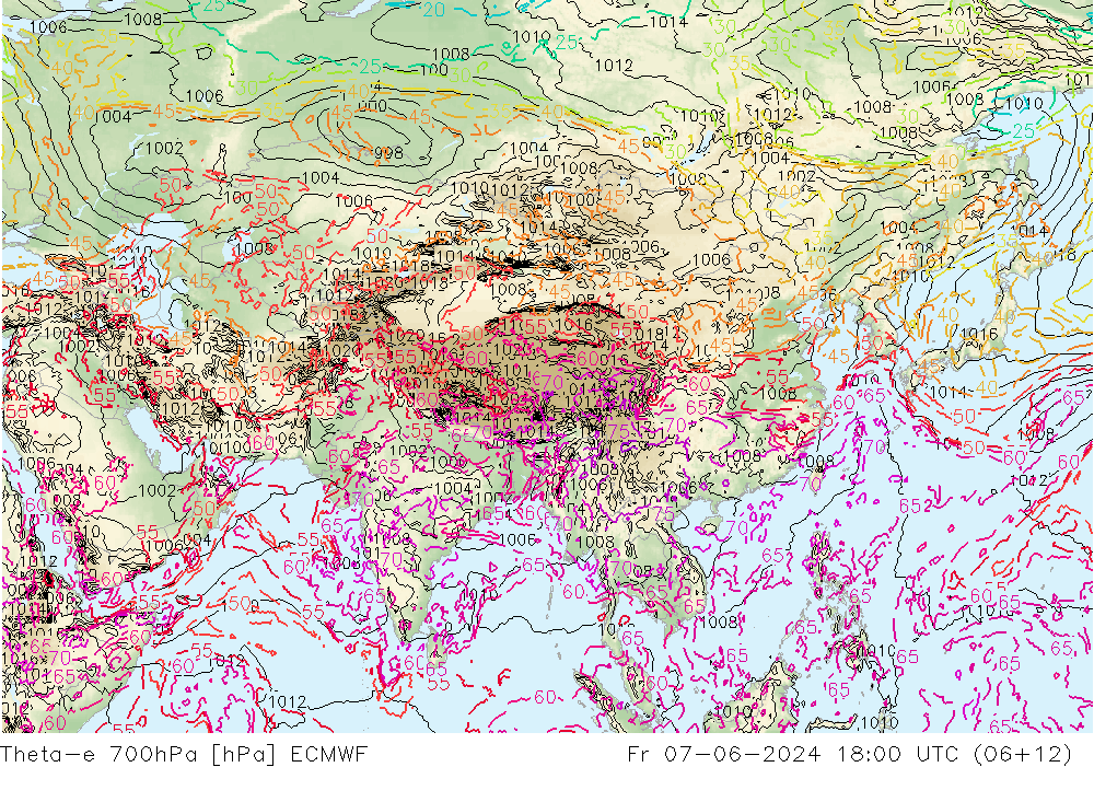 Theta-e 700hPa ECMWF vie 07.06.2024 18 UTC