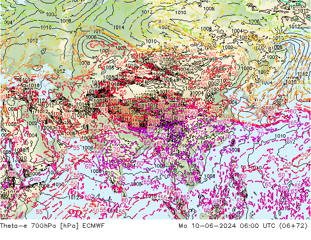 Theta-e 700hPa ECMWF Mo 10.06.2024 06 UTC