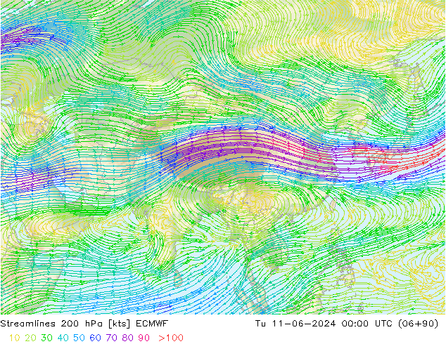 Streamlines 200 hPa ECMWF Tu 11.06.2024 00 UTC