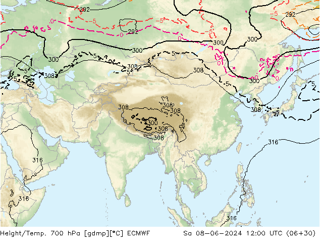 Geop./Temp. 700 hPa ECMWF sáb 08.06.2024 12 UTC