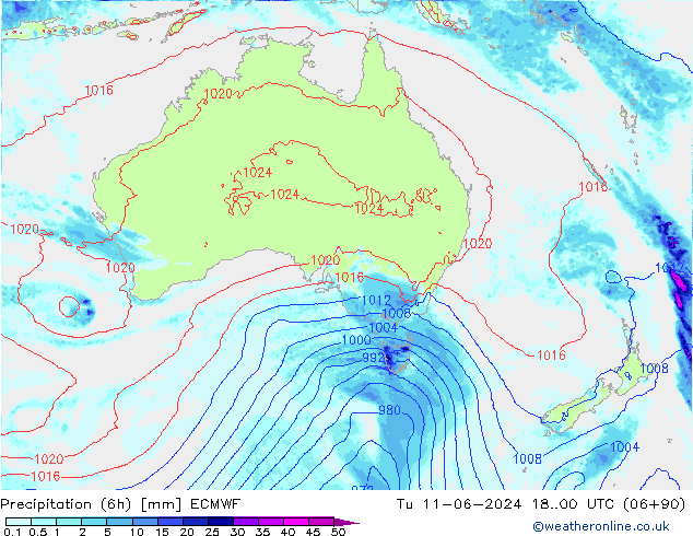 Totale neerslag (6h) ECMWF di 11.06.2024 00 UTC