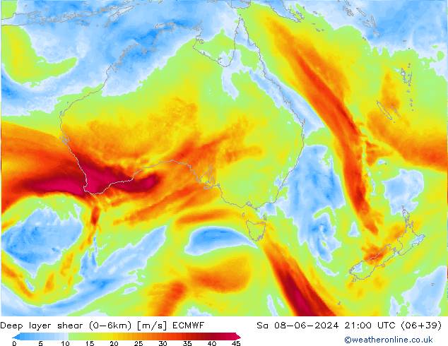 Deep layer shear (0-6km) ECMWF Sa 08.06.2024 21 UTC