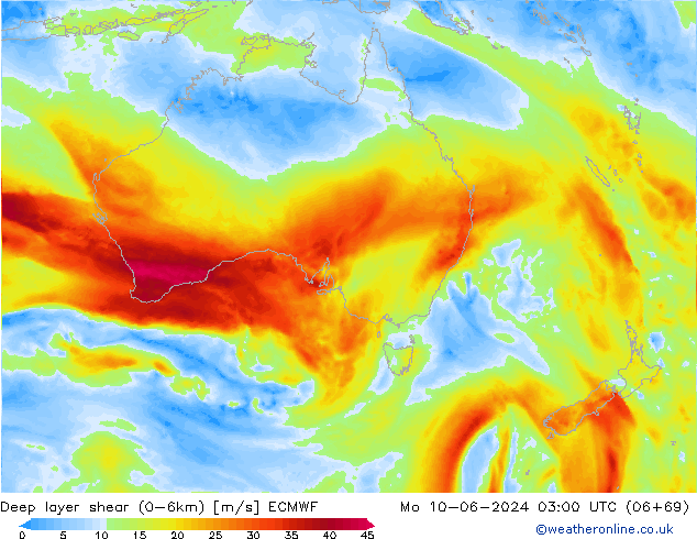 Deep layer shear (0-6km) ECMWF lun 10.06.2024 03 UTC