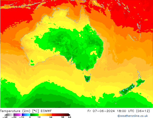 Temperature (2m) ECMWF Pá 07.06.2024 18 UTC
