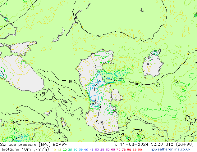 Isotachs (kph) ECMWF mar 11.06.2024 00 UTC