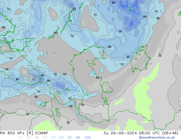 RH 850 hPa ECMWF Ne 09.06.2024 06 UTC