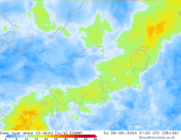 Deep layer shear (0-6km) ECMWF So 08.06.2024 21 UTC